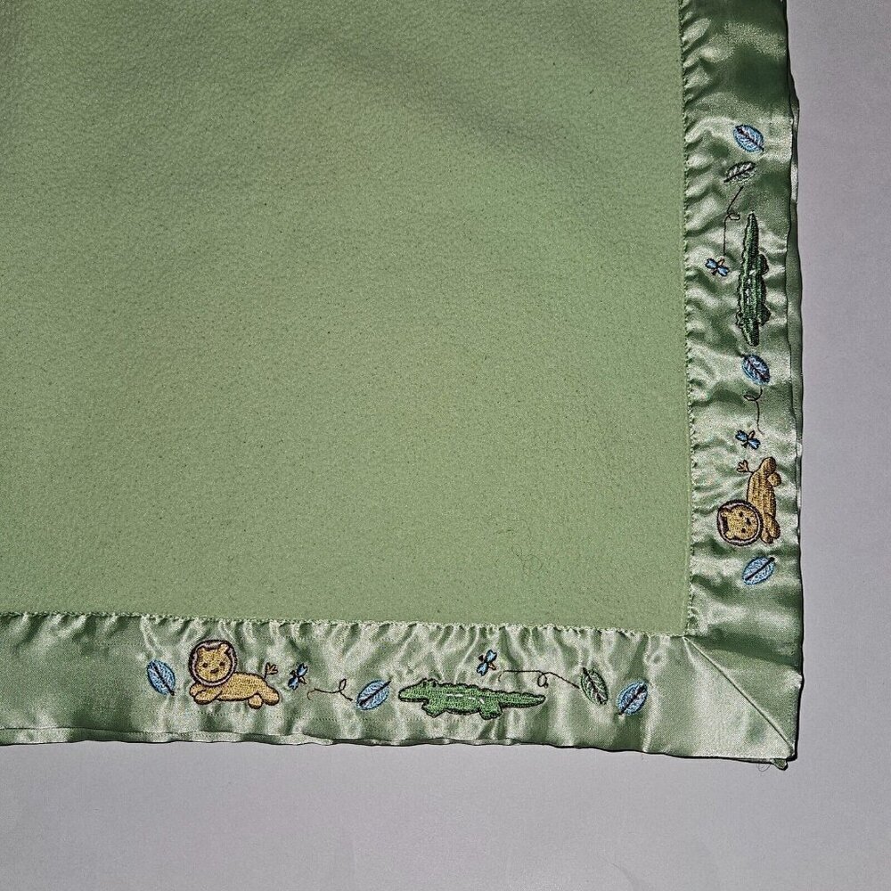 Just Born Green Baby Blanket Fleece Satin Trim Embroidered Lion Alligator Leaf